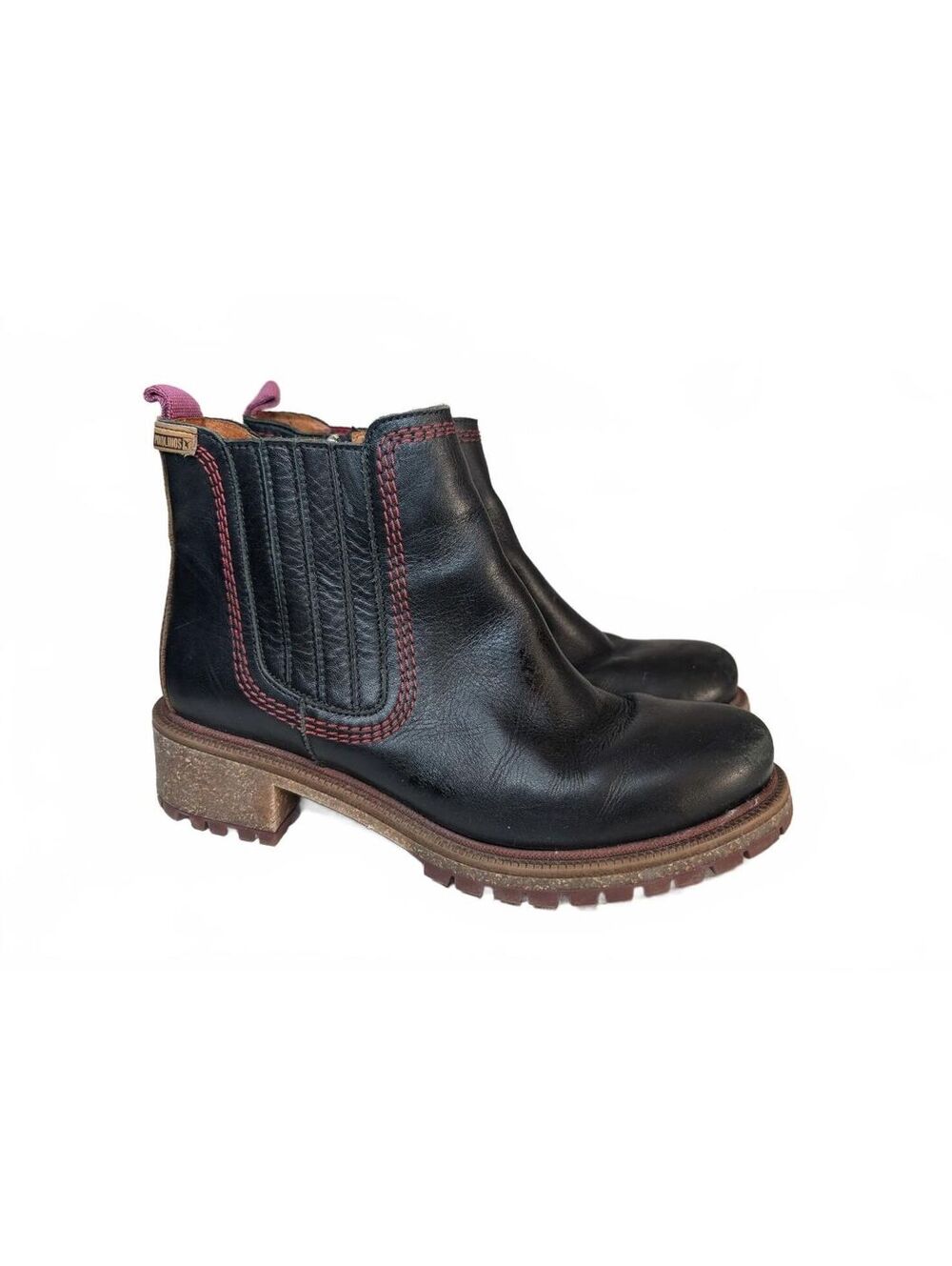 Pikolinos Aspe Black Leather Chelsea Boots w/Red Stitching Rugged Lug Soles 38